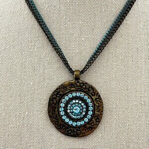 SADE Design Medallion Necklace Statement Rhinestone Bronze Aqua Blue Sparkle